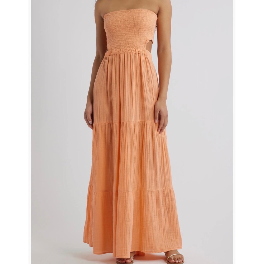 Rip Curl Orange Peach Tiered Maxi Dress Smocked Strapless XS 100% Cotton Boho